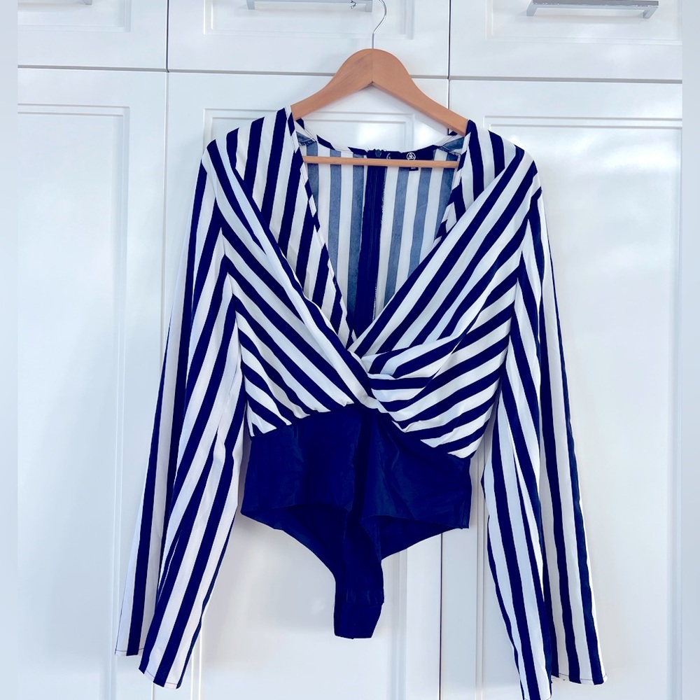 Navy blue and white striped V-neck bodysuit